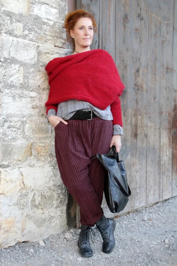 Hosen*Ewa i Walla * Hose Tiefschritt 11414 MERJA in burgunder rot fein gestreift (burgundy) - softes Leinen