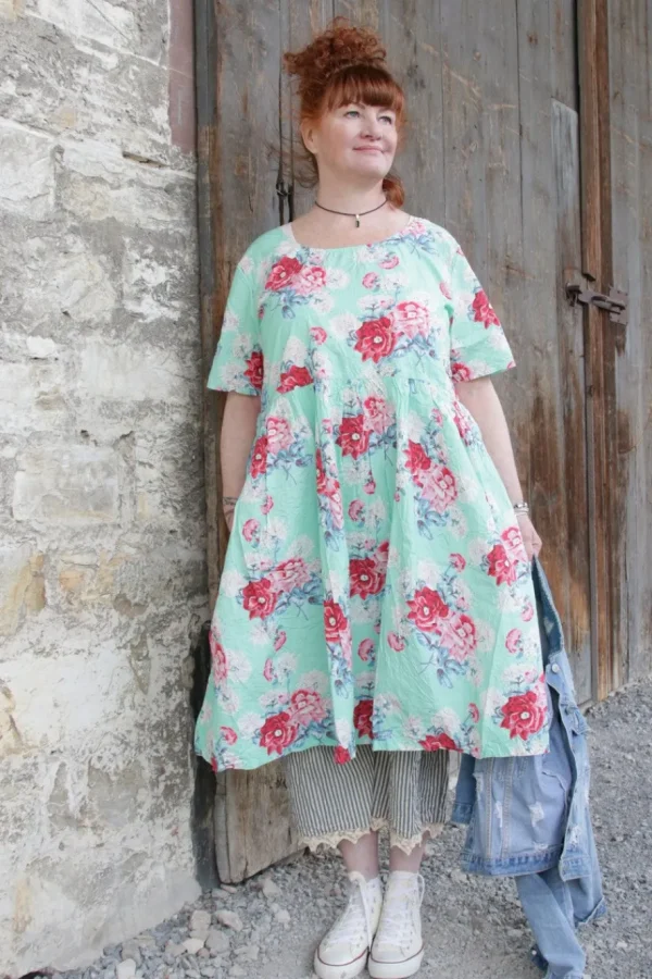 Kleider*Ewa i Walla Kleid 55859 ALISON in mintgrün mit Flowerprint (turquoise flower) - reine Knitterbaumwolle