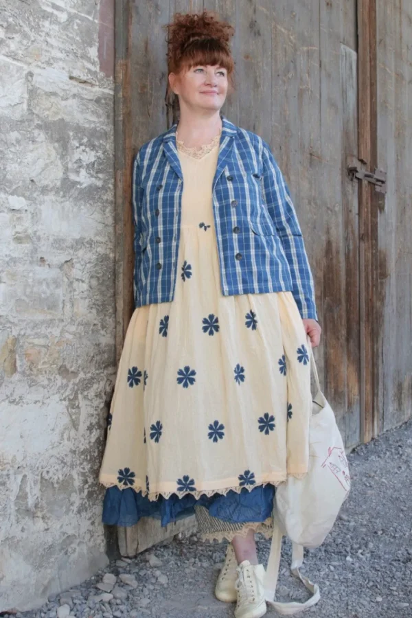 Kleider*Ewa i Walla Kleid 55846 SOLBRITT in creme mit Flowerprint (blue flower) - Baumwolle aus groben Gewebe