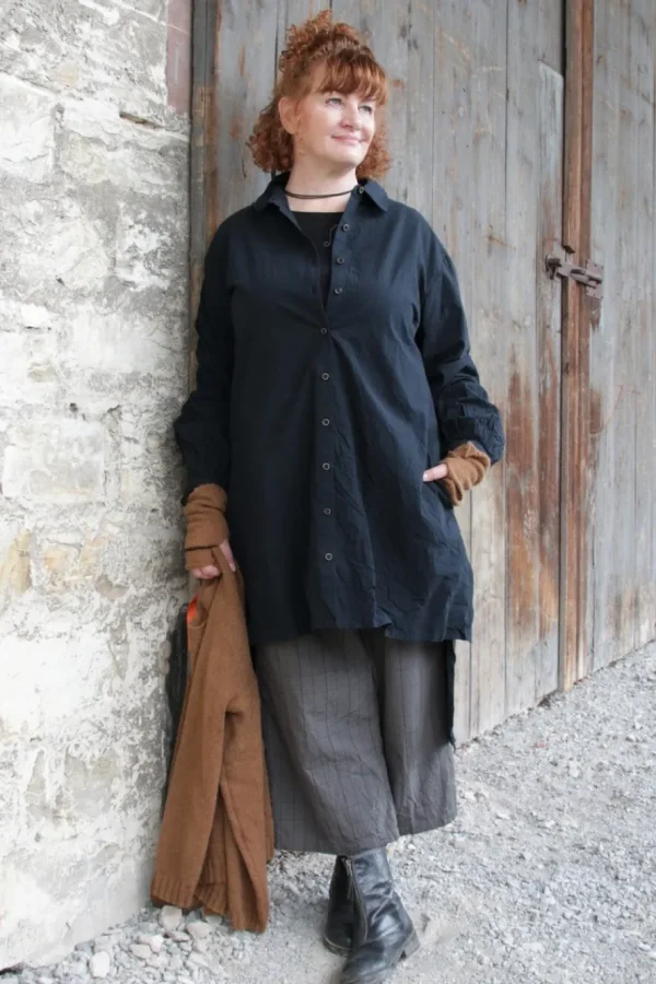 Blusen*Ewa i Walla Opa-Hemd/Bluse 44935 LOVIS in vintage schwarz - reine Knitterbaumwolle